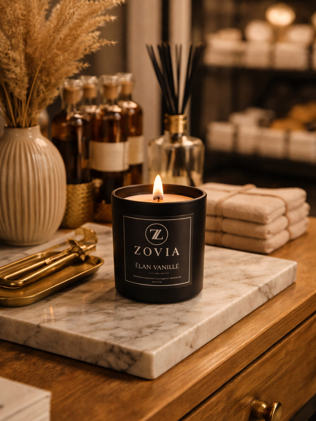 Handcrafted coconut soy wax candle with crackling wood wick glowing in a luxury home setting