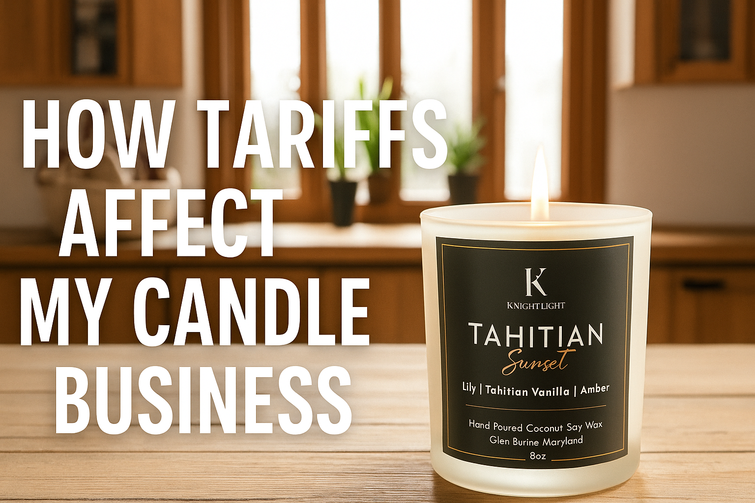 Knight Light Candles blog thumbnail featuring text overlay about the impact of tariffs on small businesses and the handmade candle industry.