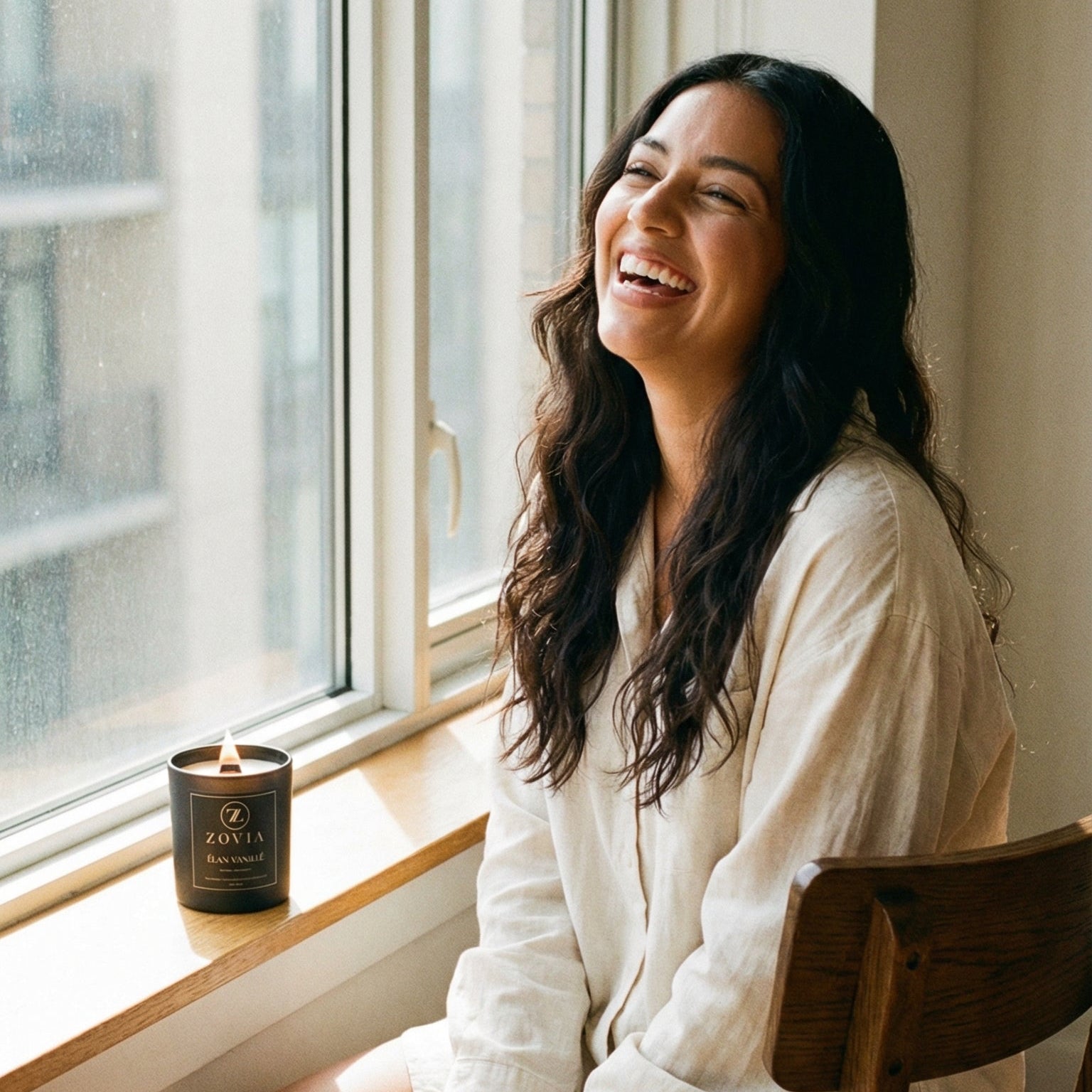 woman happy with zovia candle