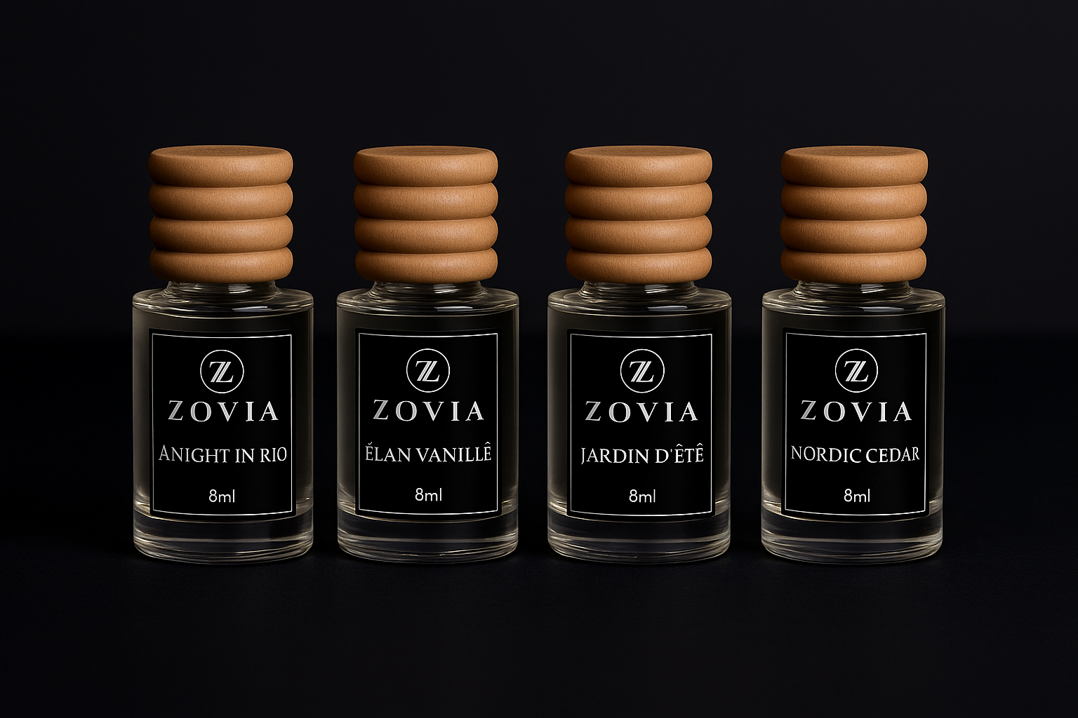 Zovia luxury car diffusers lineup — A Night in Rio, Élan Vanillé, Jardin d'Été, and Nordic Cedar 8ml bottles