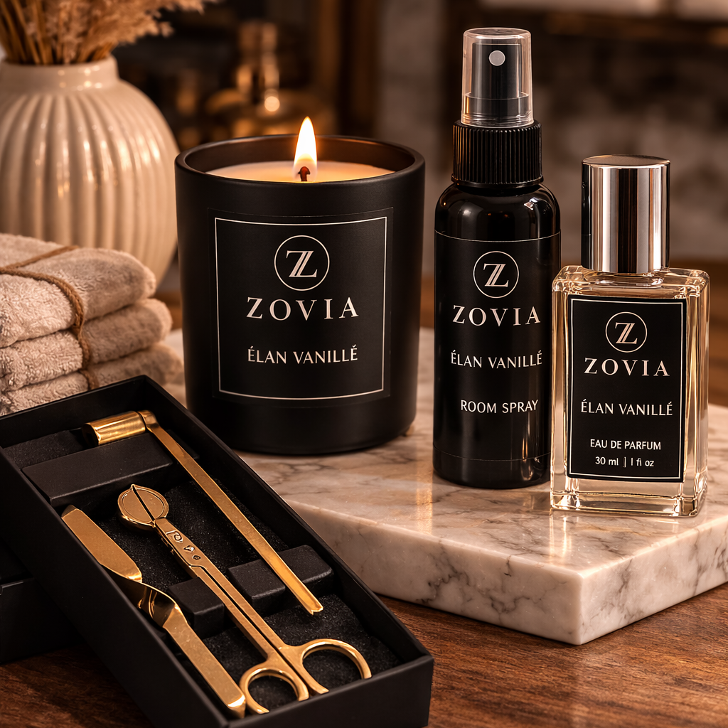 Zovia Élan Vanillé luxury room spray bottle on marble surface with affirmation label