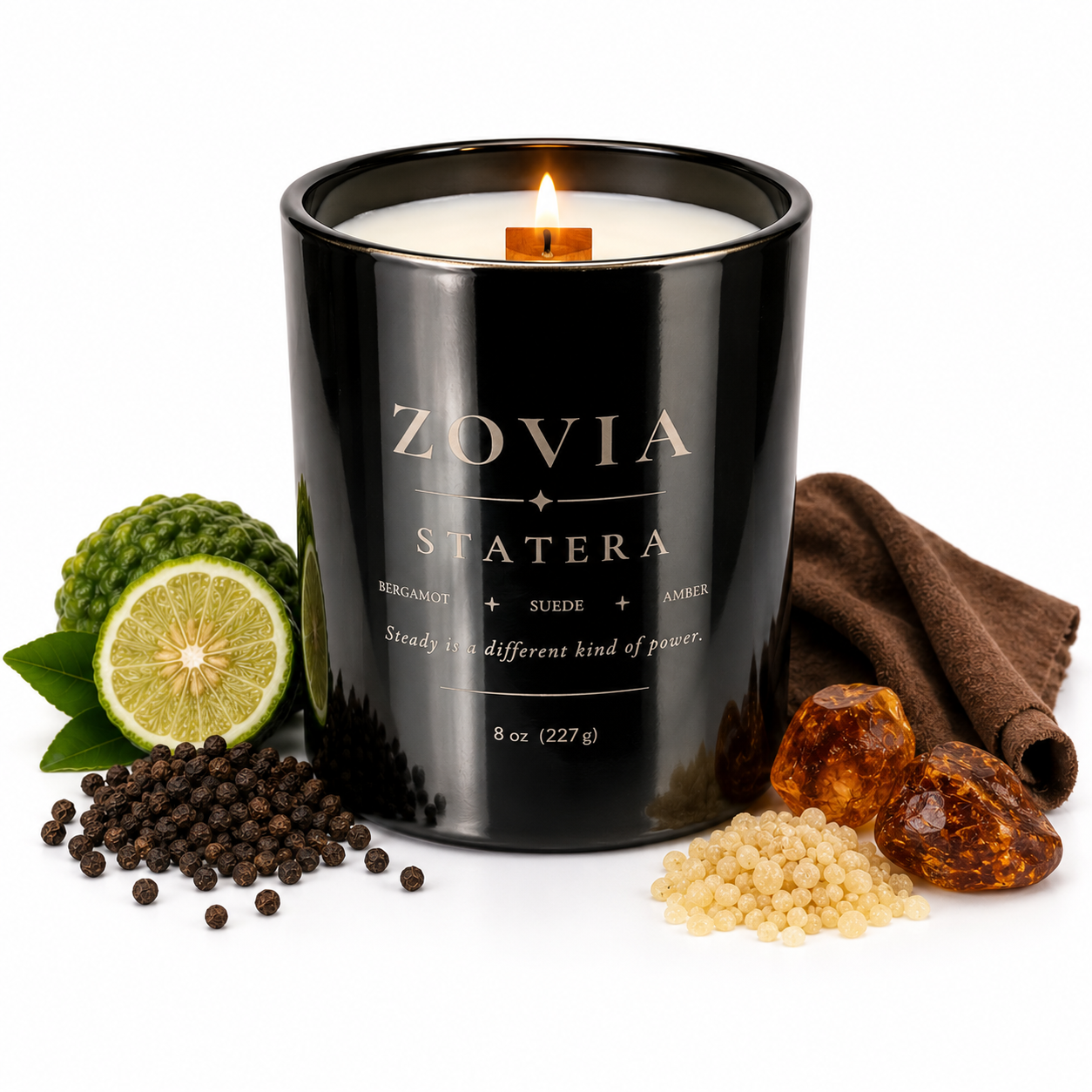 Statera Sandalwood Suede Candle | Amber Musk, Wood Wick