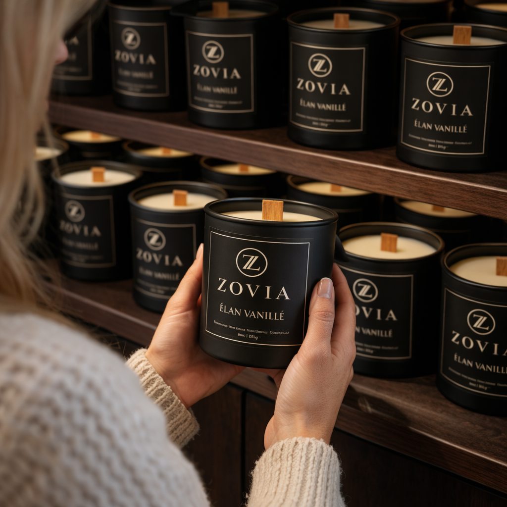 Zovia luxury candles displayed on boutique retail shelf for wholesale partnership