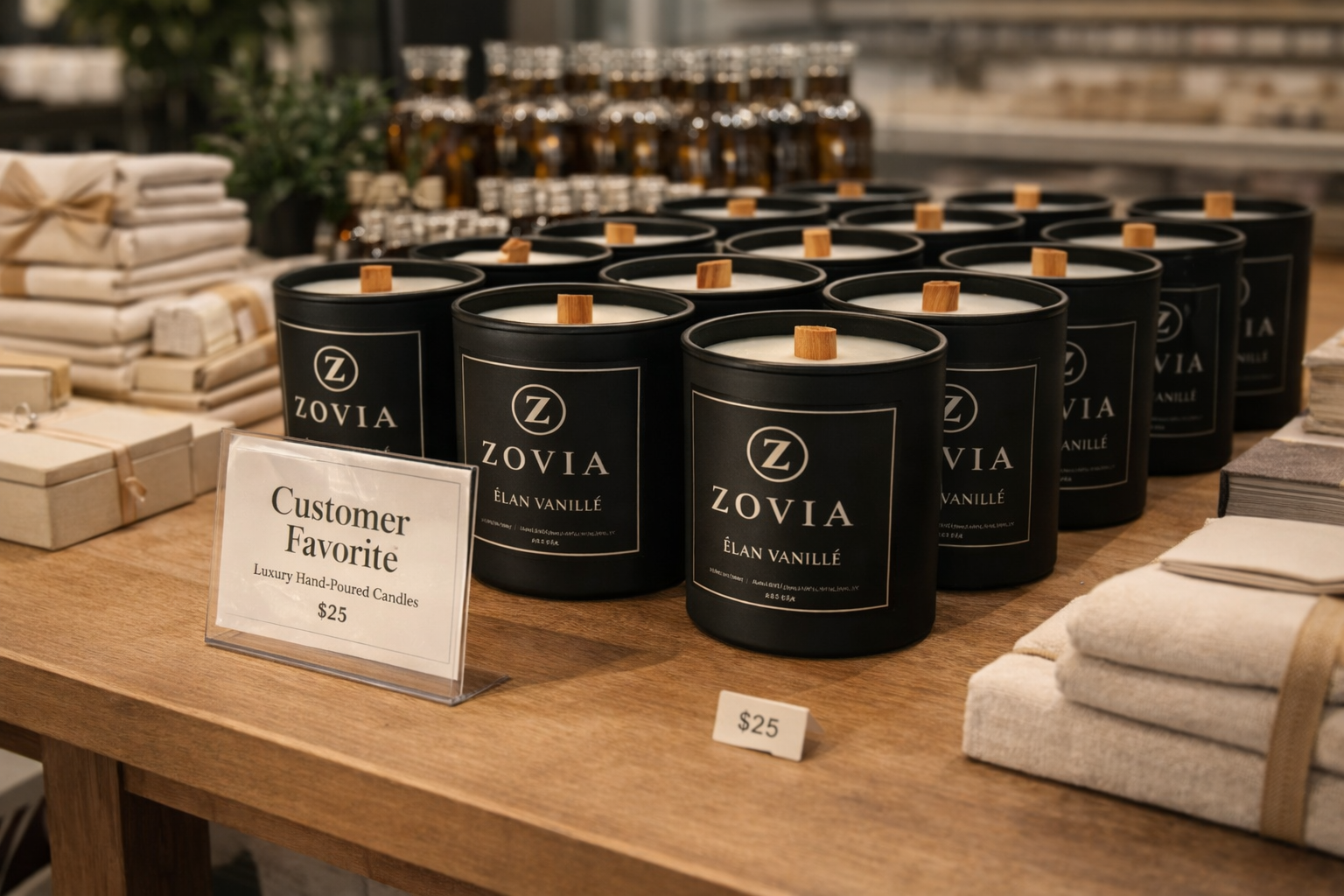 Zovia luxury candles arranged on boutique retail shelves for wholesale distribution