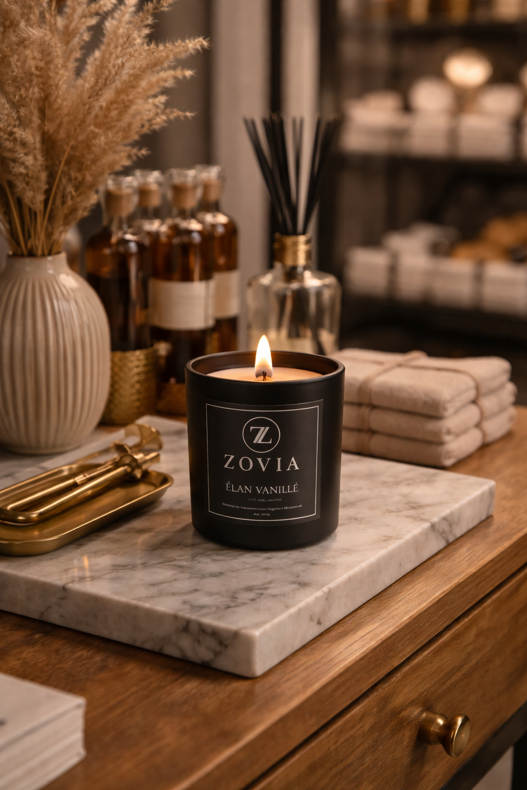 Zovia luxury candle styled in boutique spa retail display for wholesale partners