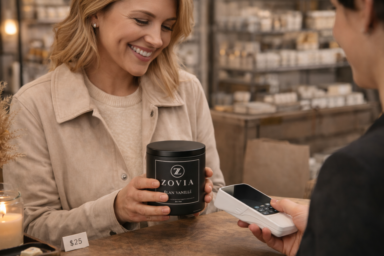 Customer purchasing Zovia luxury candle at boutique retail counter for $25