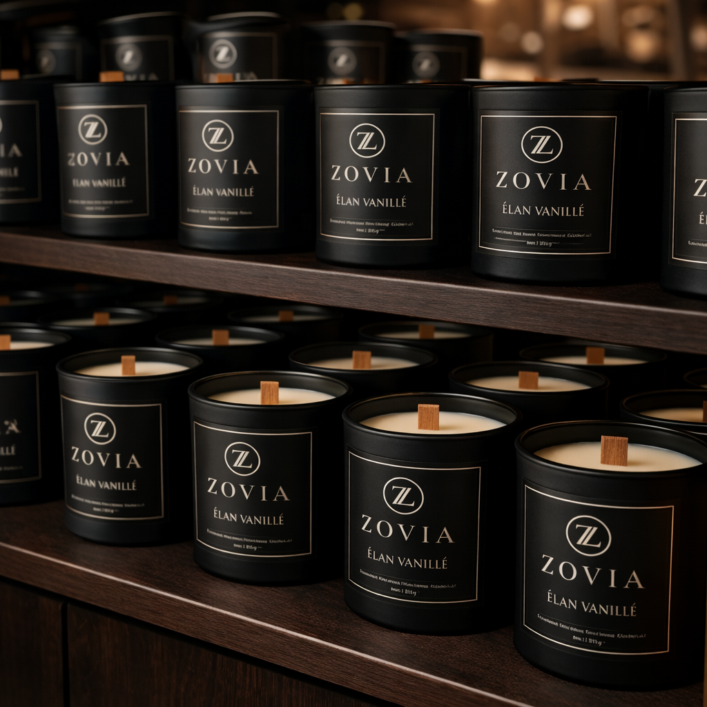 Bulk display of Zovia Élan Vanillé luxury candles prepared for retail partners