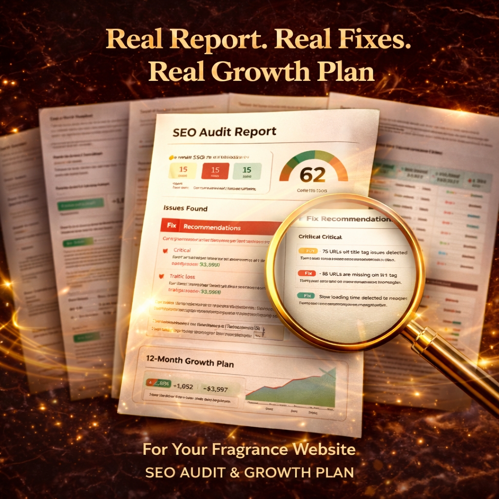 example SEO audit report for a fragrance website showing SEO score, technical issues, keyword gaps, and growth recommendations