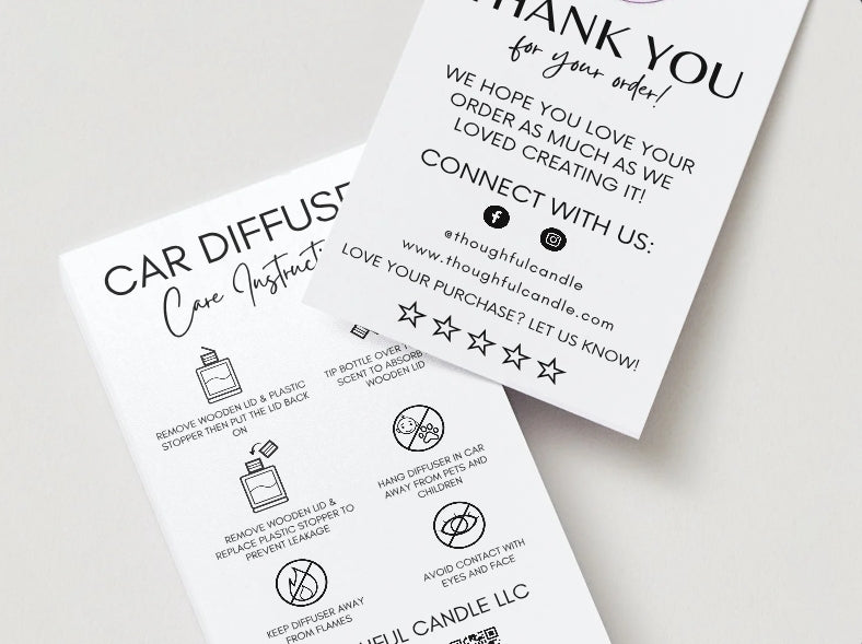 Custom Car Diffuser Care Cards | Customize with your business logo!