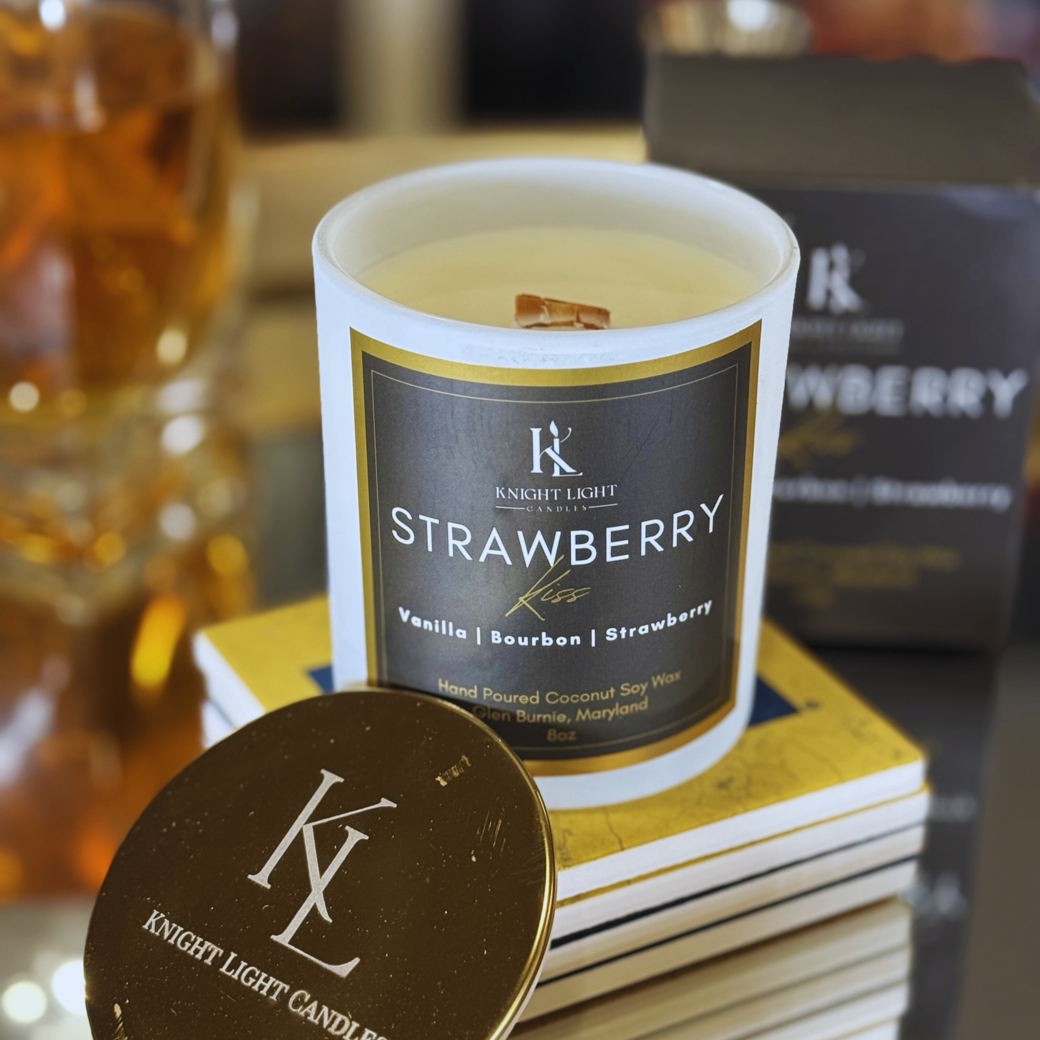 Strawberry Kiss Candle | 8oz Wood Wick | Sweet Bourbon Vanilla Scent