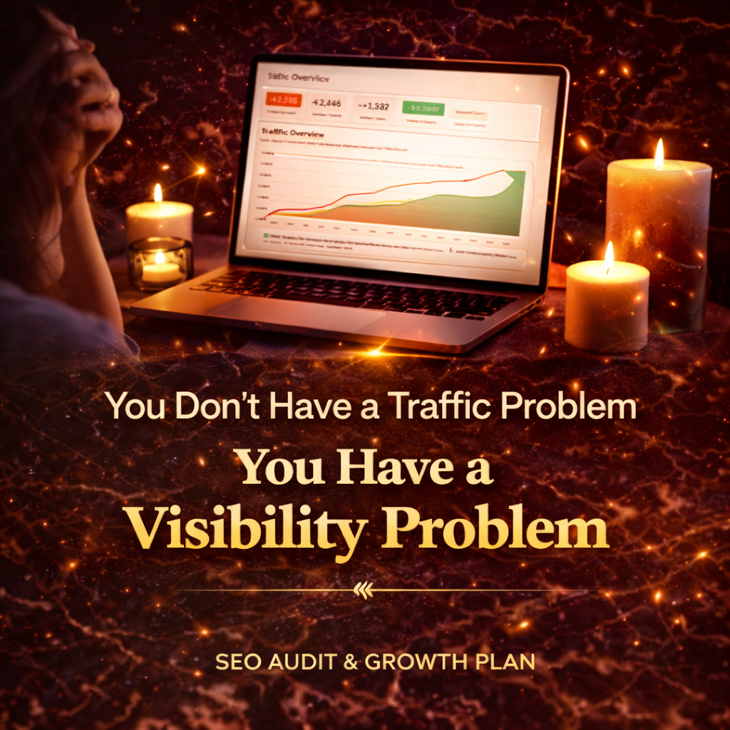 candle business owner analyzing website traffic on laptop with message about visibility problem and need for SEO optimization